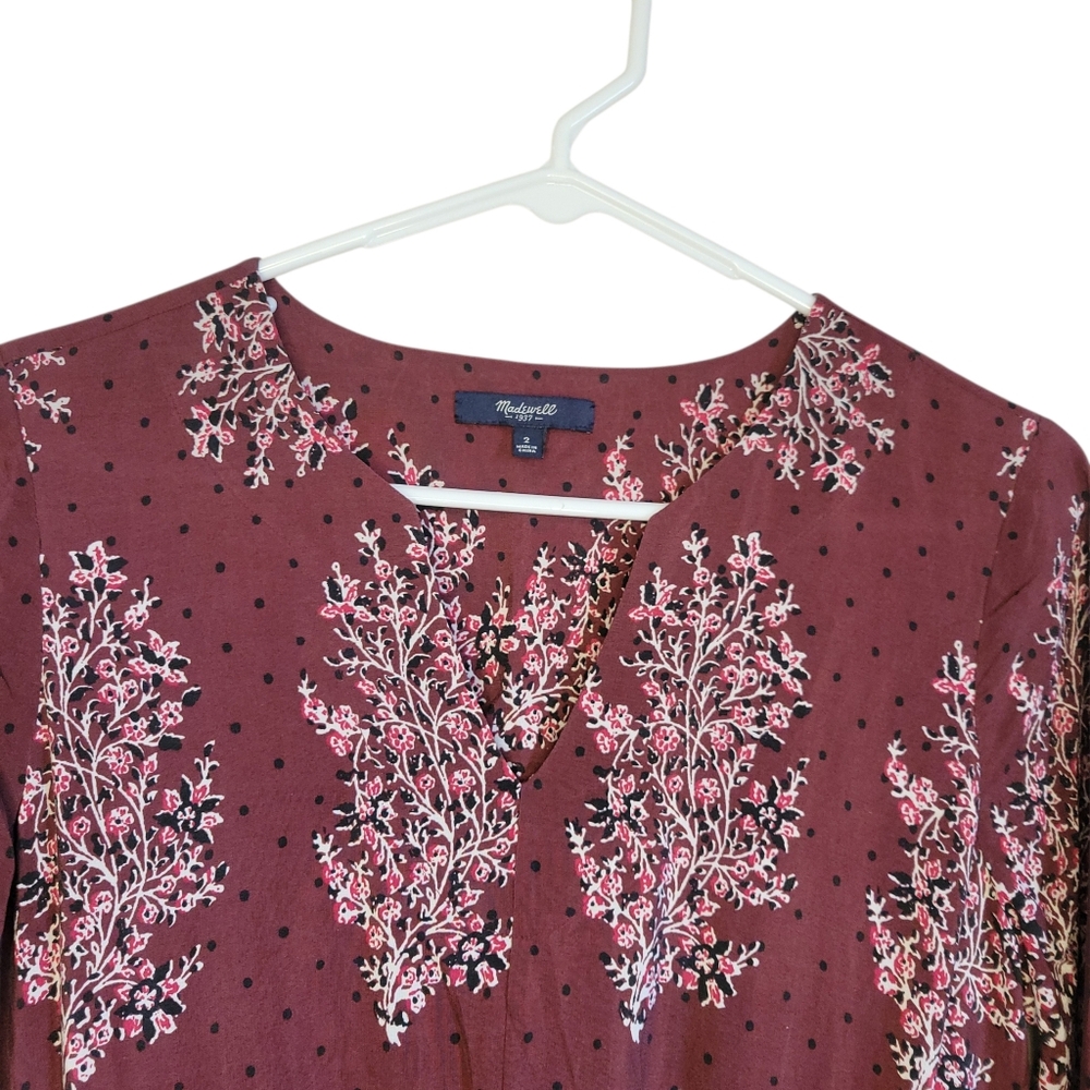 Madewell Silk Lassi Flower Popover Mini Dress Burgundy Boho Floral Size 2 - Picture 5 of 11